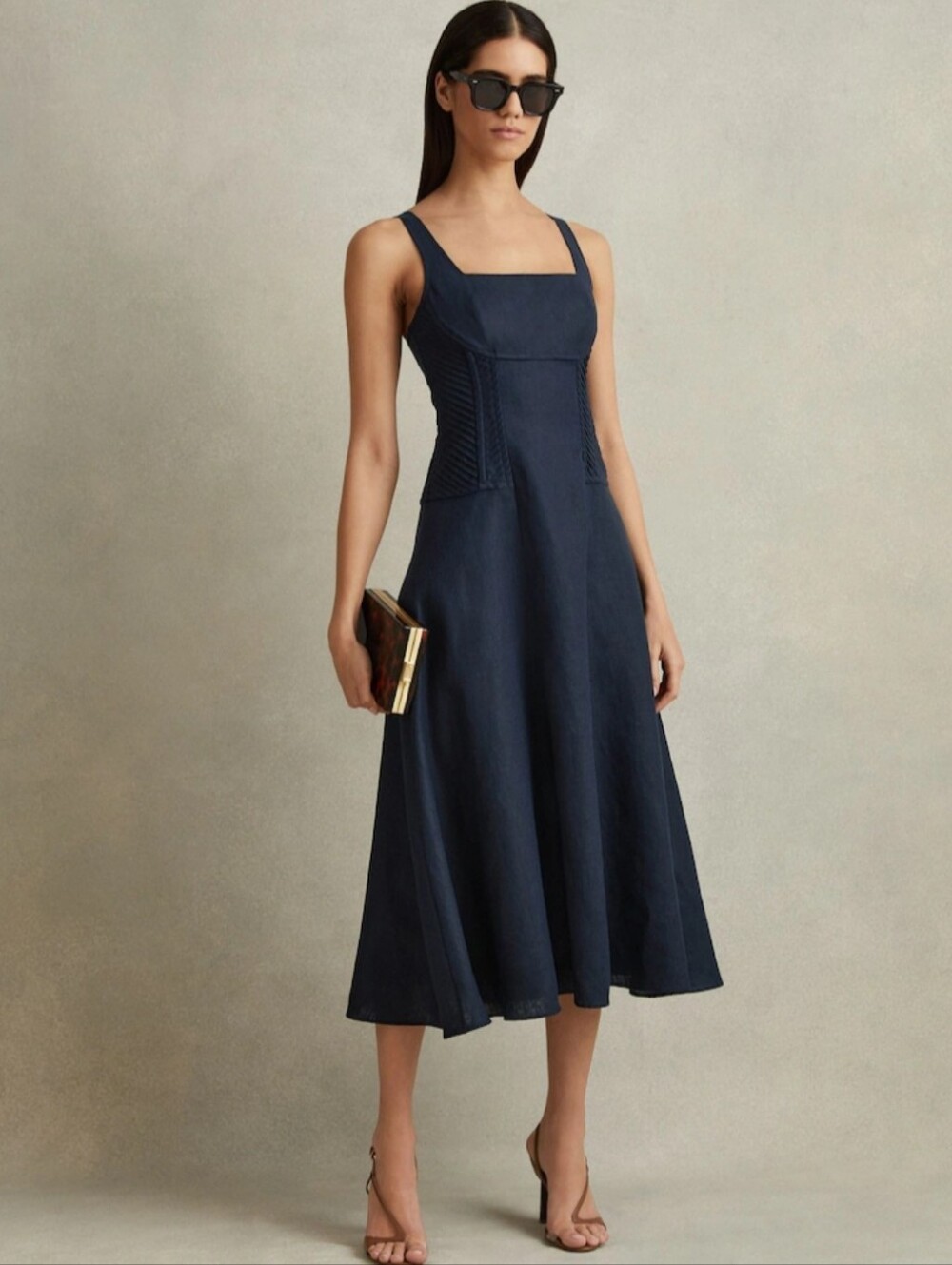 Reiss Etta Corset Detail Linen Dress Navy Women's US 6 UK 10 NWT $198